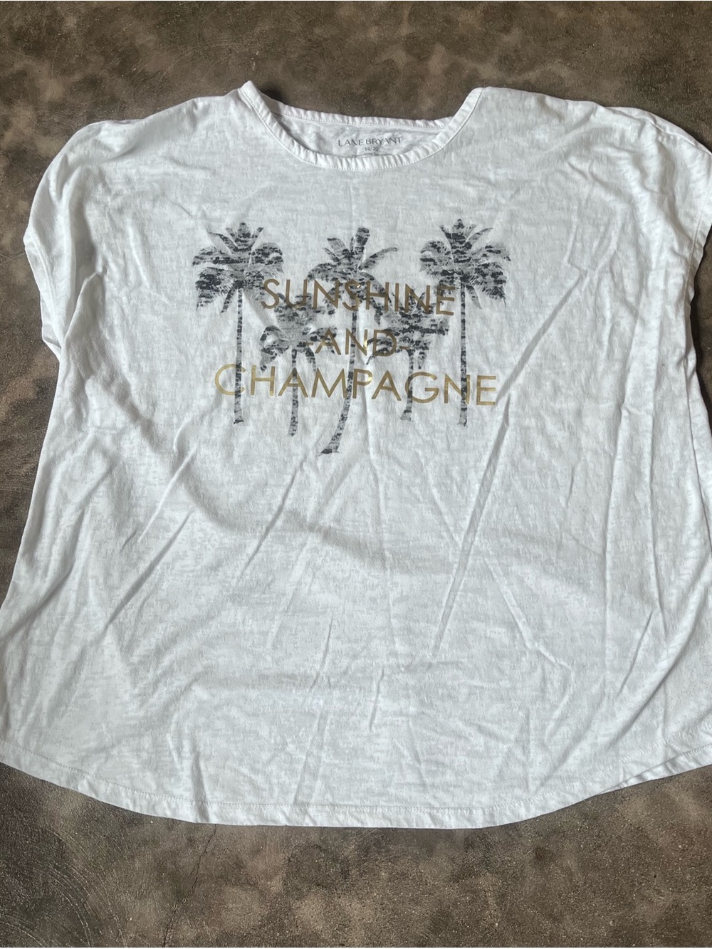 Lane Bryant White Tee with Gold Script and Black Palm Design